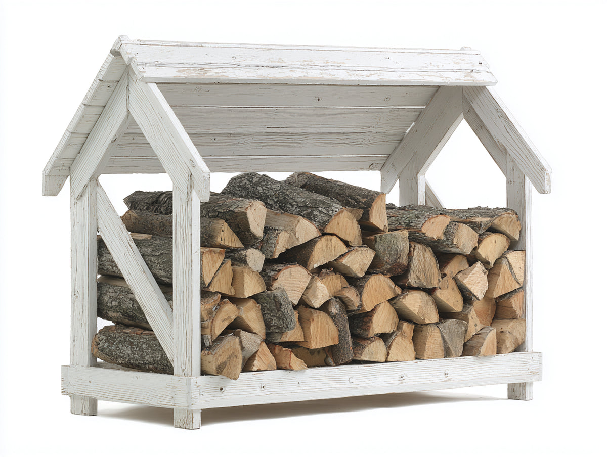 Leñero de jardín de madera blanco 130x70x135 cm para exterior con frontal abierto y tejado a dos aguas estilo rústico