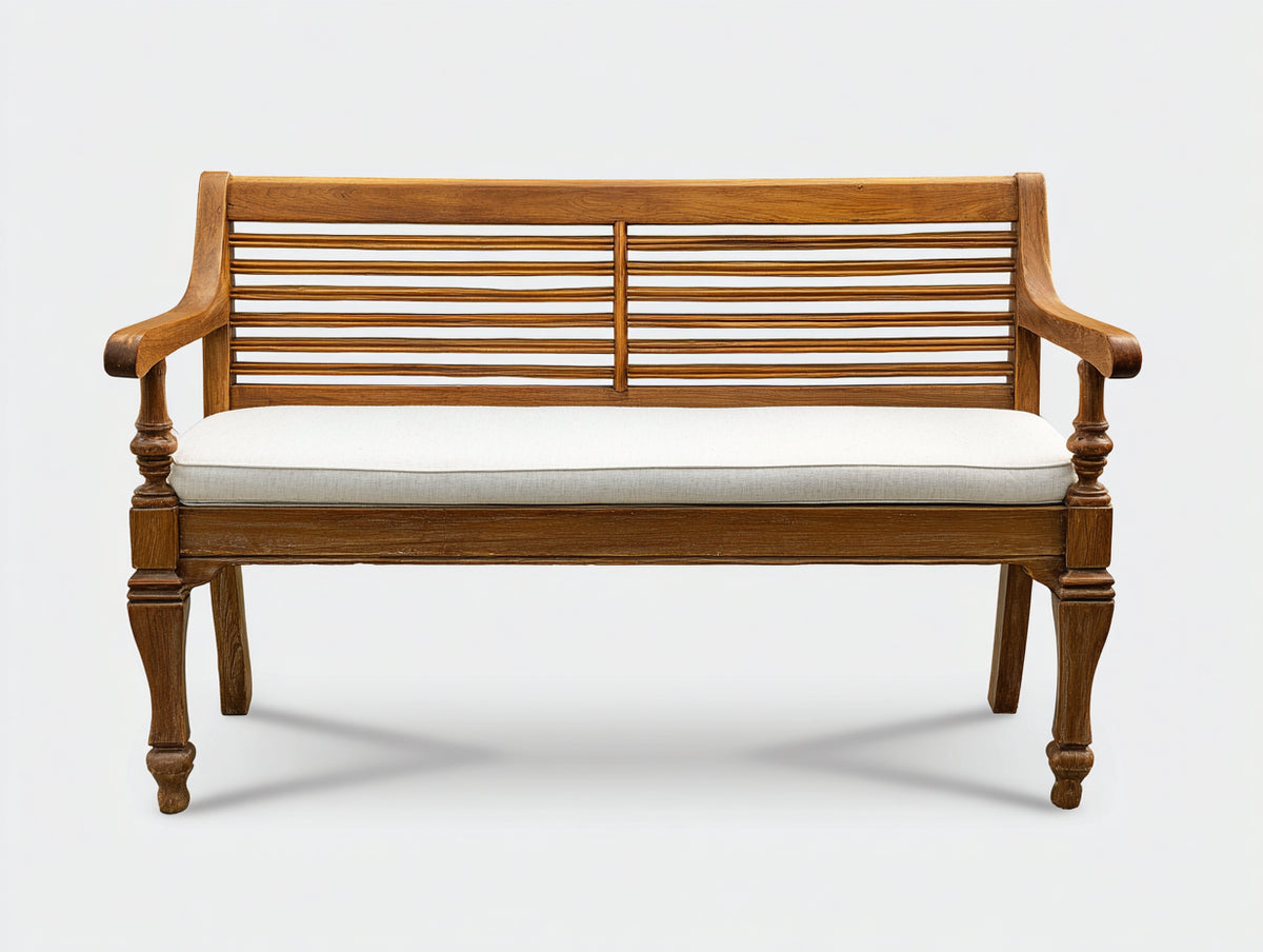 Bancos de jardín de madera marrón miel 150x58x85 cm para exterior con reposabrazos y cojín de asiento estilo clásico