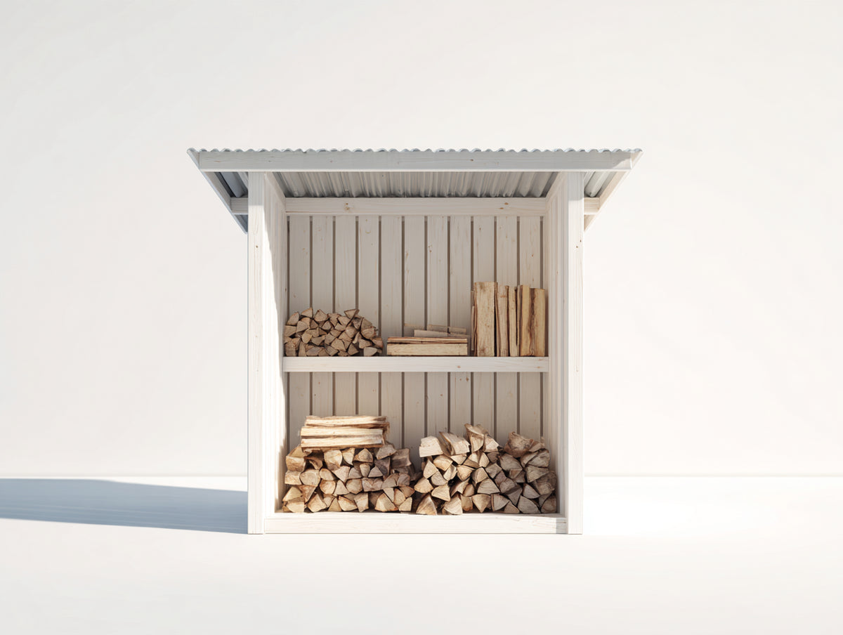 Leñero de jardín de madera con techo metálico 180x60x180 cm - blanco y gris - 2 niveles para exterior
