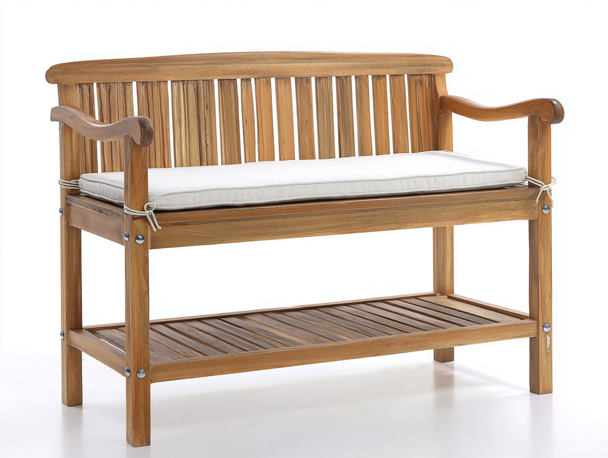 Bancos de jardín de madera marrón miel 152x61x91 cm para exterior con reposabrazos cojín y estante inferior estilo clásico