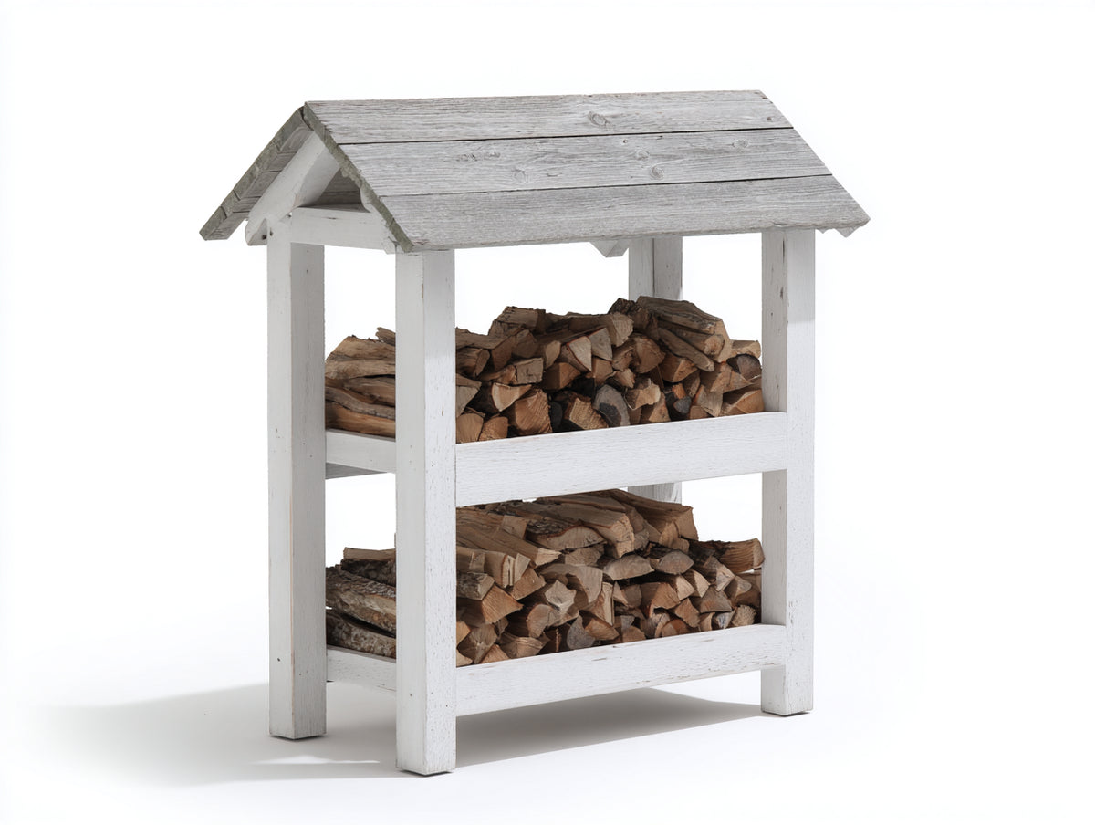Leñero de jardín de madera blanco 105x55x150 cm para exterior con 2 niveles y tejado a dos aguas estilo rústico