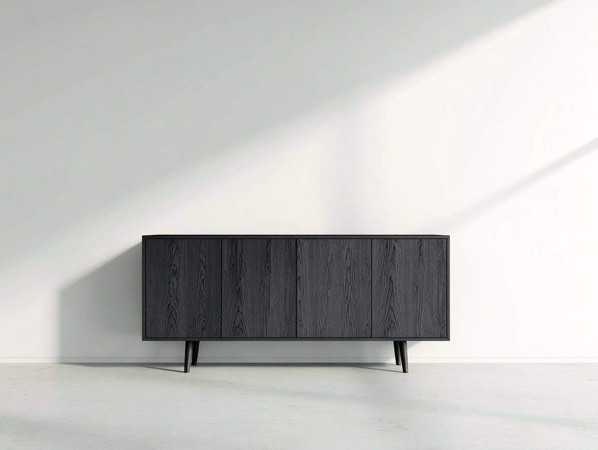 Mueble recibidor de madera y metal 180x40x75 cm - negro - 4 puertas con acabado veteado