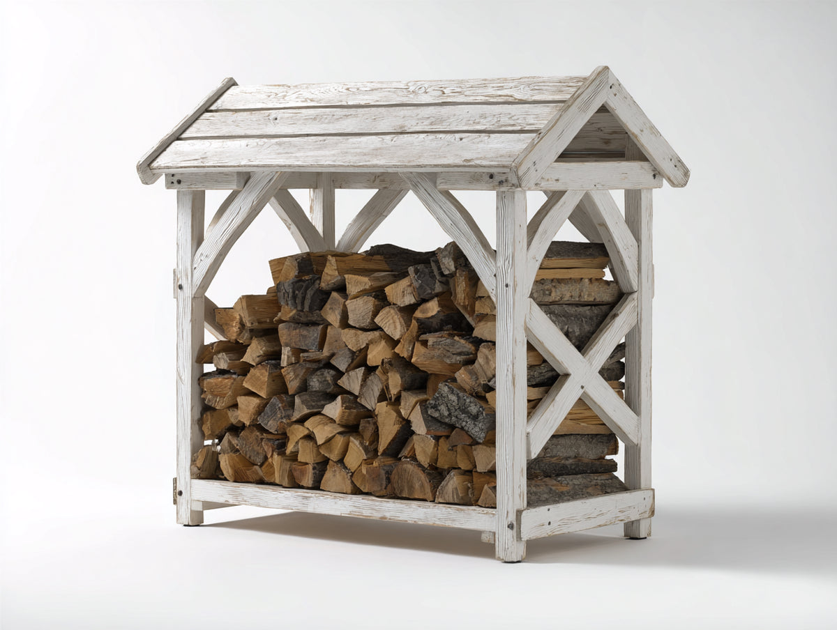 Leñero de jardín de madera 140x70x160 cm - Blanco - diseño rústico abierto con tejado