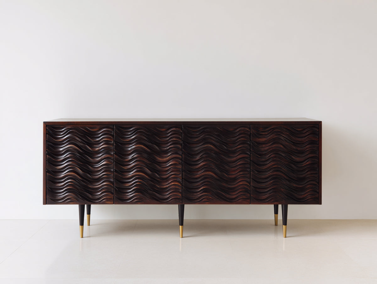Mueble recibidor efecto madera 180 x 40 x 75 cm - marrón oscuro - diseño ondulado con 4 puertas