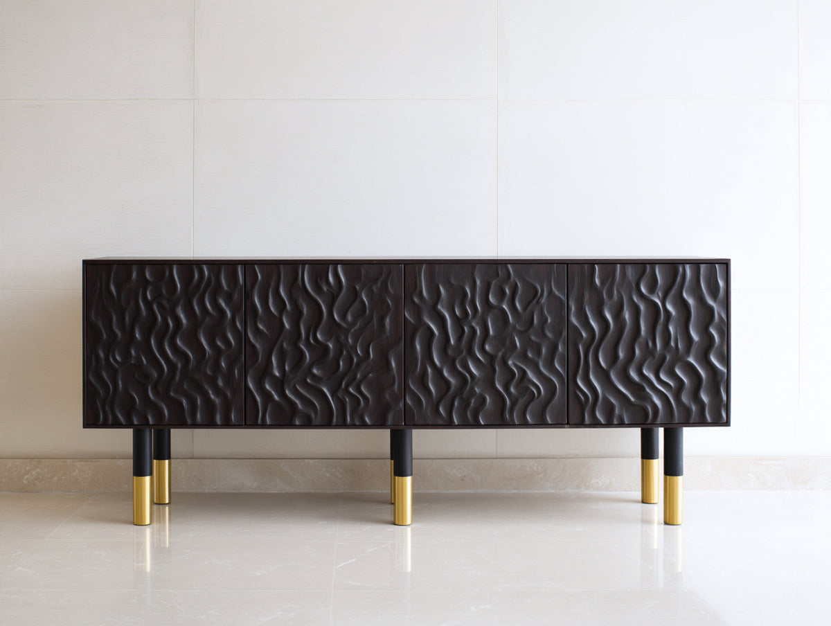 Mueble recibidor de madera con 4 puertas 190x42x78 cm - marrón oscuro-oro - frente ondulado para entrada y salón