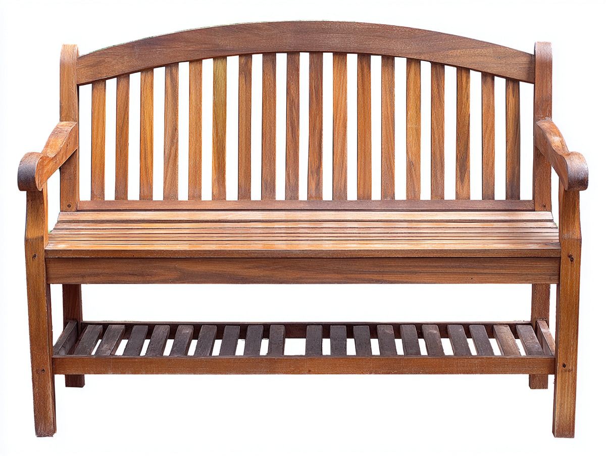 Bancos de jardín de madera marrón rojizo 148x60x92 cm para exterior con respaldo curvo y estante inferior estilo clásico