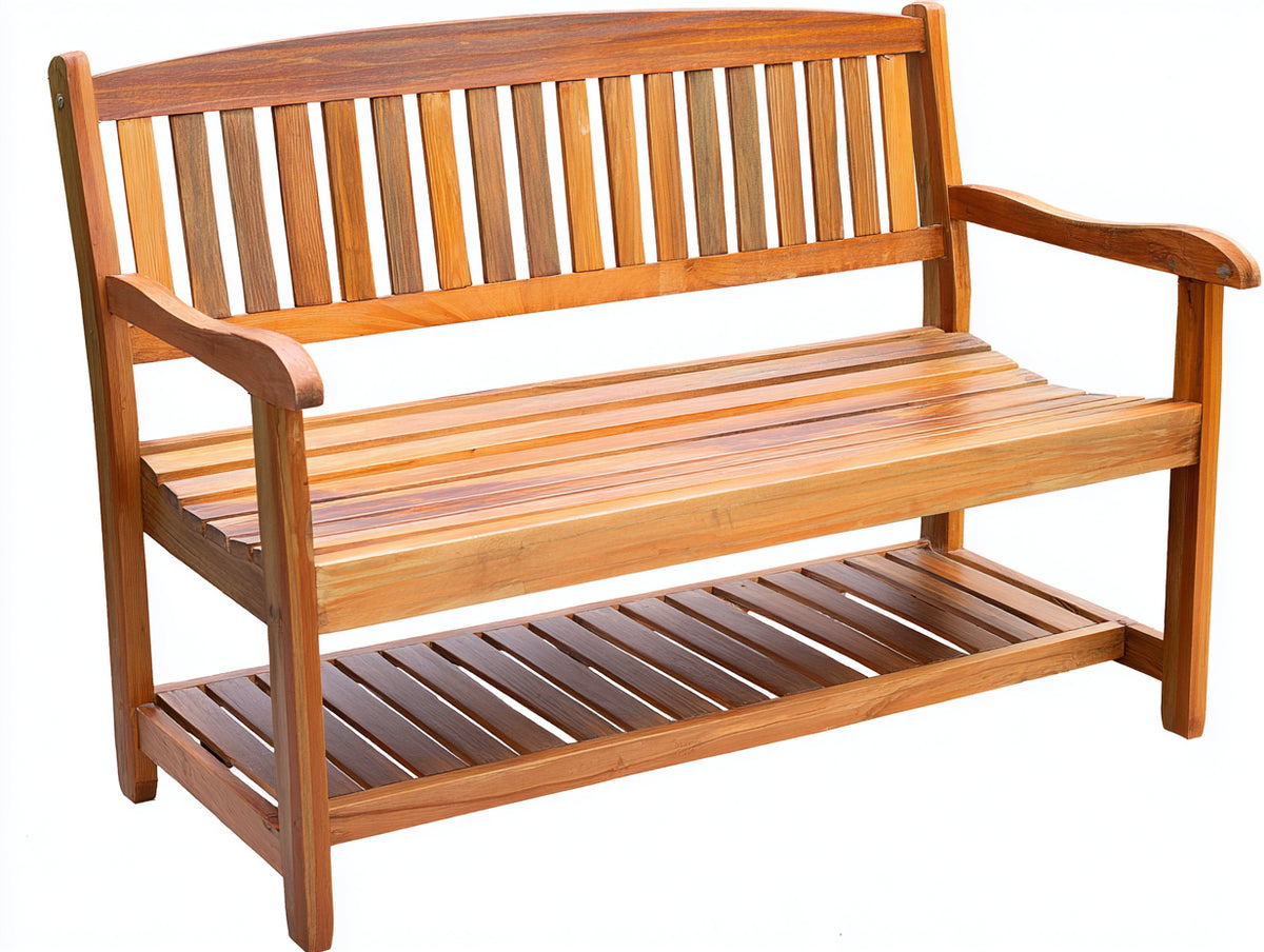 Bancos de jardín de madera 150x60x90 cm - Marrón - respaldo de listones con estante inferior