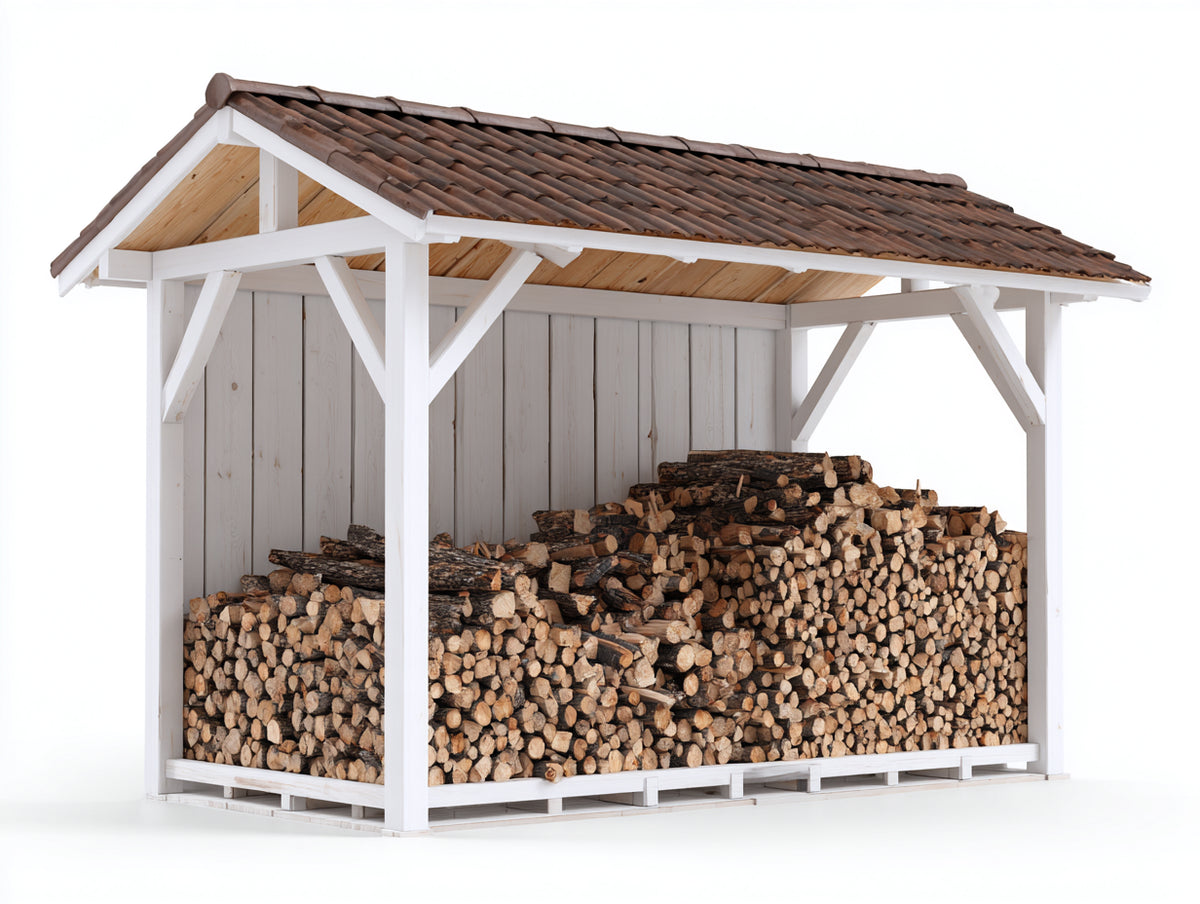 Leñero de jardín de madera 420x120x230 cm - blanco y marrón - techo inclinado para exterior
