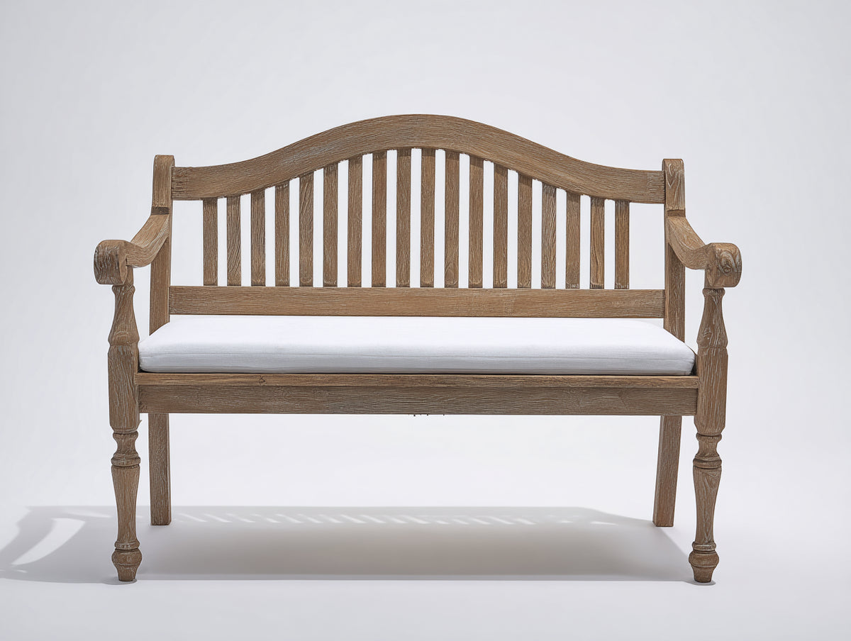 Bancos de jardín de madera 130 x 58 x 95 cm - madera envejecida y blanco - respaldo arqueado con cojín