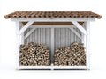 Leñero de jardín de madera blanco 210x80x190 cm para exterior con frontal abierto y tejado de tejas estilo rústico