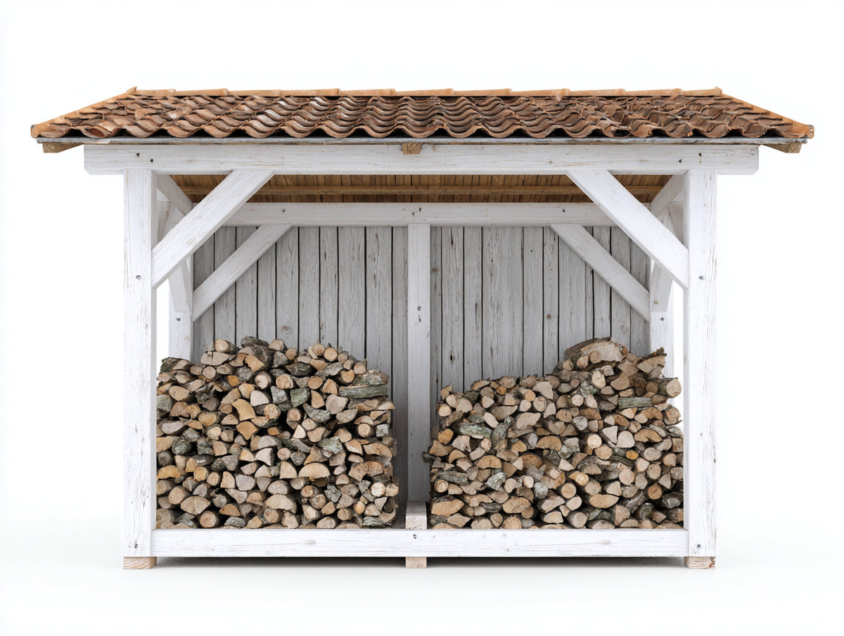 Leñero de jardín de madera blanco 210x80x190 cm para exterior con frontal abierto y tejado de tejas estilo rústico