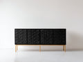 Mueble recibidor de madera con 4 puertas 180x40x78 cm - negro-oro - frente geométrico para entrada y salón