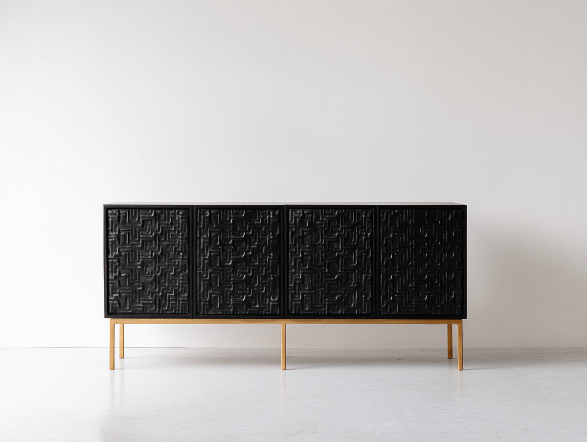 Mueble recibidor de madera con 4 puertas 180x40x78 cm - negro-oro - frente geométrico para entrada y salón