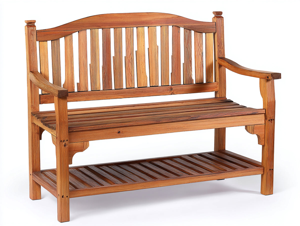 Bancos de jardín de madera 150x58x92 cm - marrón natural - respaldo curvado con estante inferior para exterior