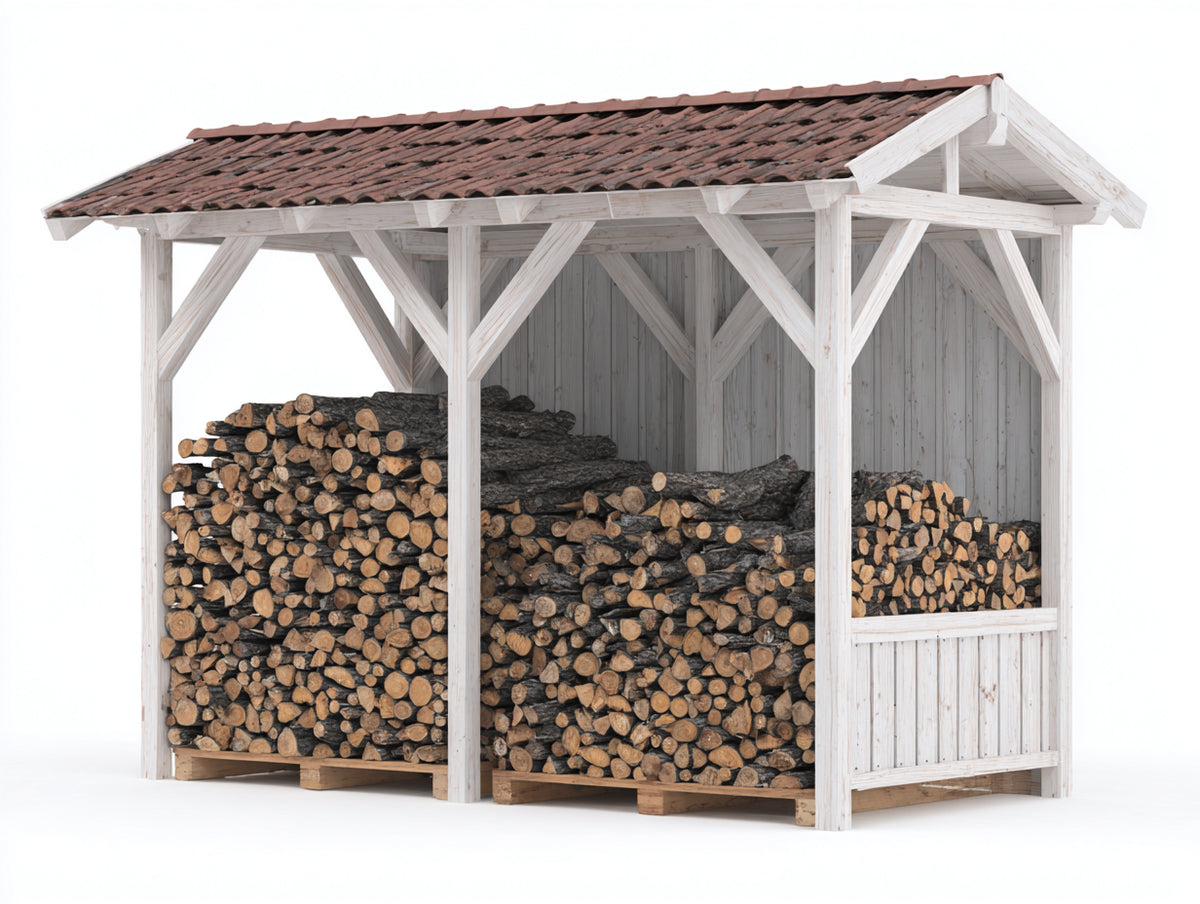 Leñero de jardín de madera 300x120x220 cm - Blanco-Marrón - estructura abierta con tejado inclinado