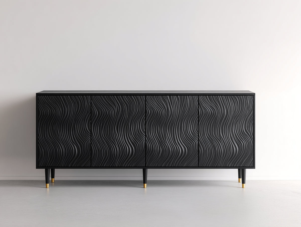 Mueble recibidor de madera con 4 puertas 200x45x82 cm - negro-oro - frente ondulado para entrada y salón