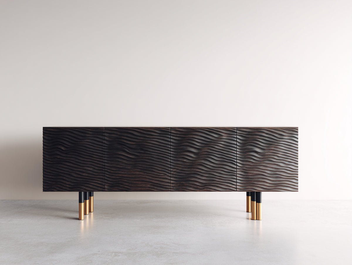 Mueble recibidor de madera de ingeniería marrón oscuro 200x42x76 cm con 4 puertas onduladas y patas metálicas estilo contemporáneo