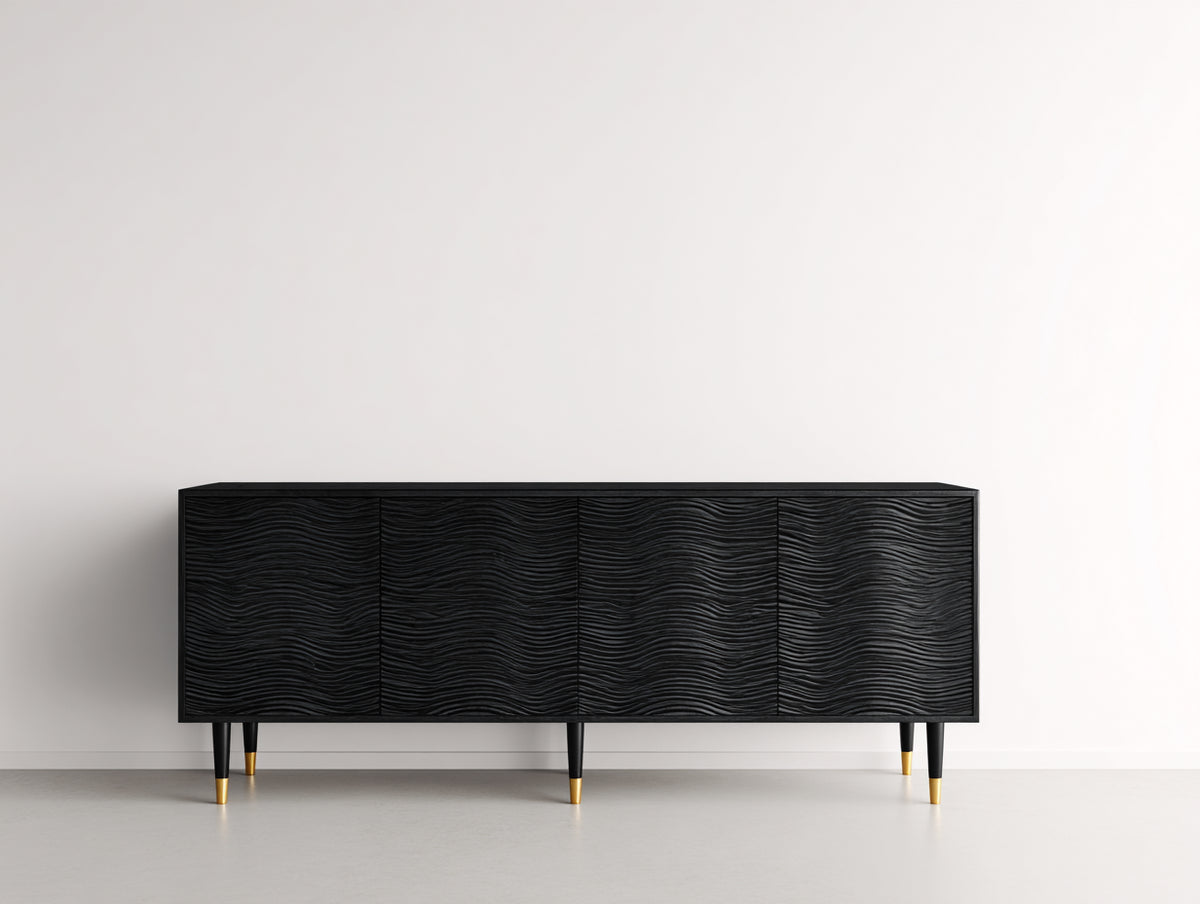 Mueble recibidor de madera de ingeniería negro 190x42x78 cm con 4 puertas y frentes ondulados estilo contemporáneo