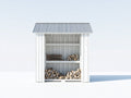 Leñero de jardín de madera blanco 160x70x190 cm para exterior con 3 niveles y tejado metálico inclinado estilo rústico