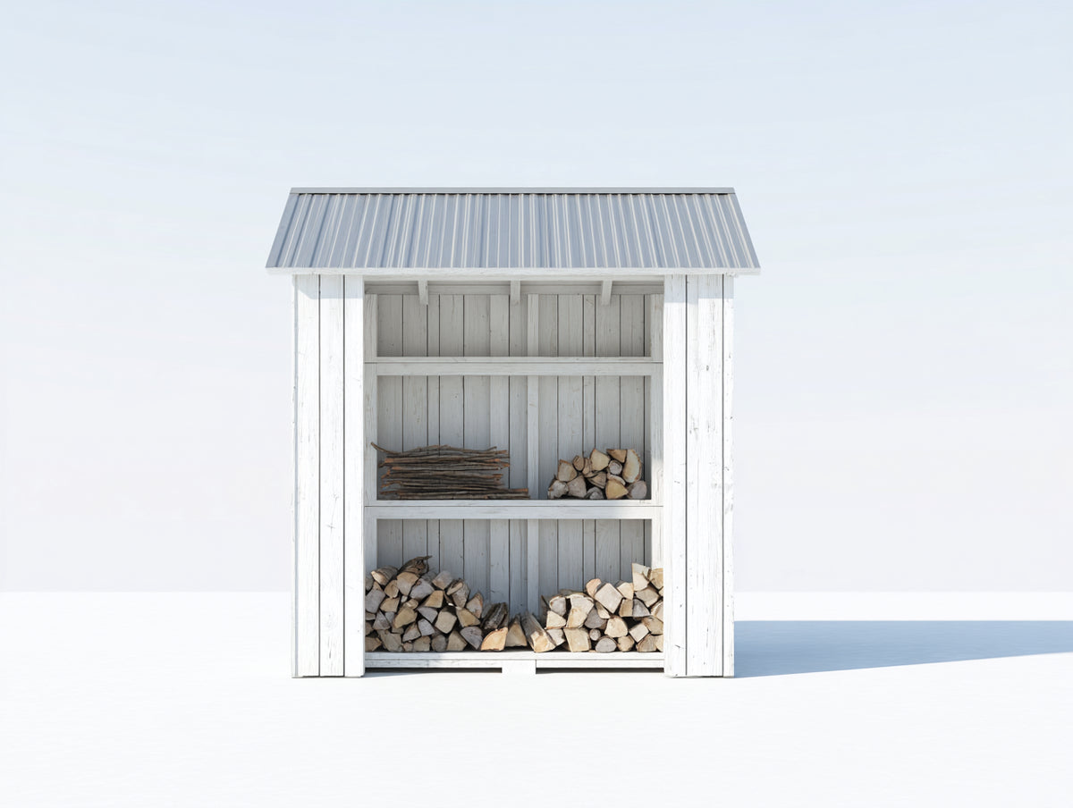 Leñero de jardín de madera blanco 160x70x190 cm para exterior con 3 niveles y tejado metálico inclinado estilo rústico