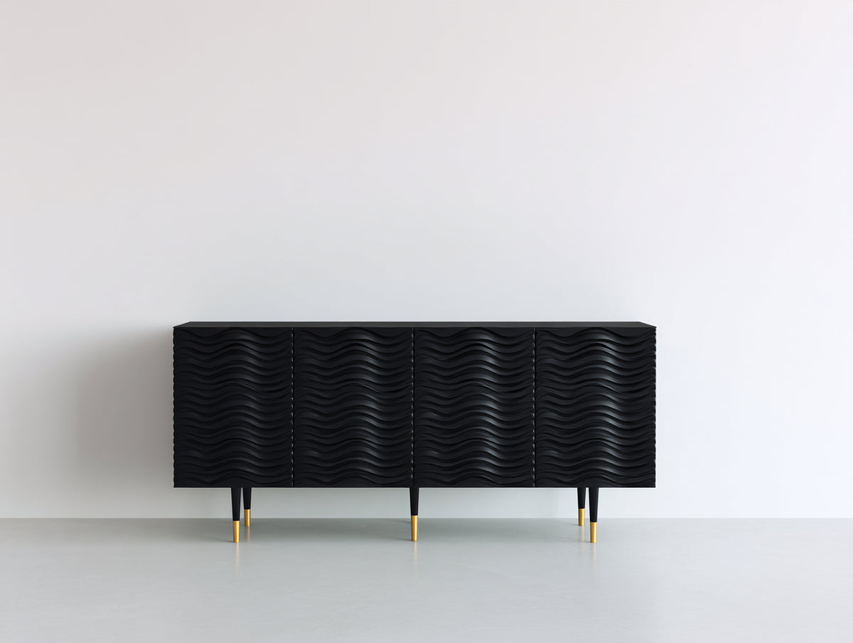 Mueble recibidor de madera 180 x 40 x 75 cm - negro - diseño ondulado con 4 puertas