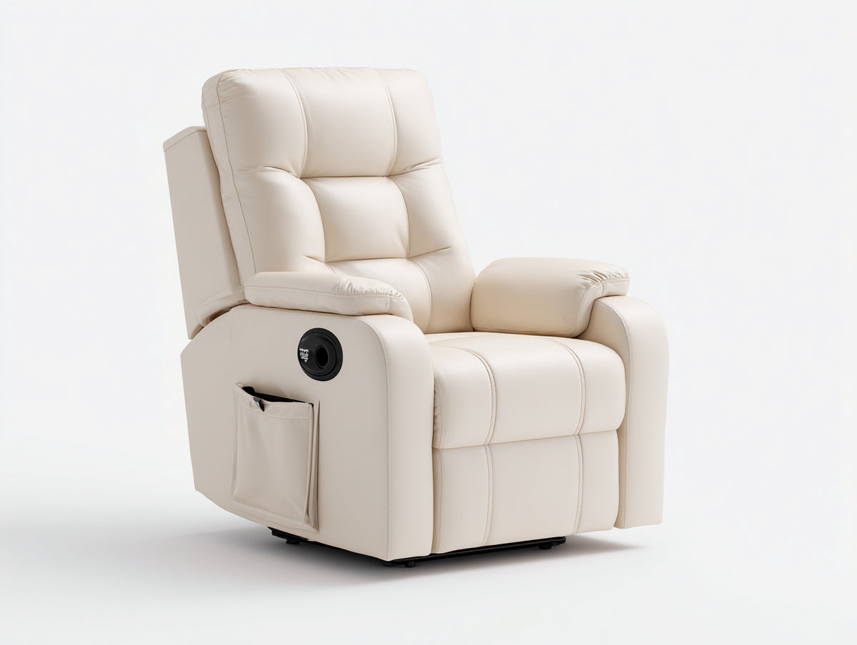 Sillones reclinables tapizados en efecto cuero blanco crema 94x92x106 cm para salón con mecanismo manual y bolsillo lateral estilo moderno